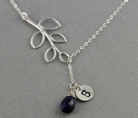 September Birthday Gift, Birthstone Lariat Necklace, Sapphire, Sterling Silver, Leaf, Initial, Monogram Necklace, Personalized Gift For Her