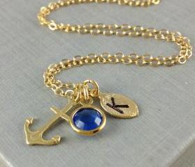 Anchor Initial Necklace, September Birthstone, Swarovski Birthstone, Bezel Set, Gold Anchor Jewelry, Leaf Initial, Christmas Gift, Birthday
