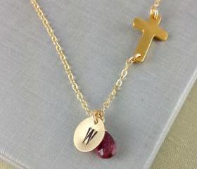 October Birthstone, Tourmaline, Sideways Cross Necklace, Personalized Initial Necklace, Birthstone Necklace, Birthday Gift, Gold Cross, Gift