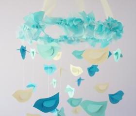 Aqua Nursery Mobile- Birds in Aqua, Ivory, & Turquoise- Nursery Decor, Baby Shower Gift