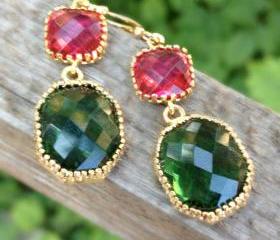 Emerald Green and Hot Pink Framed Glass Earrings, Double Drop Earrings, Bridesmaid Gift, Wedding, Fashion, Christmas Gift, For Her, Unique