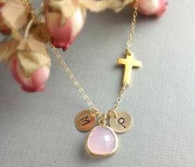 Christmas gift, Personalized Sideways Cross Necklace, Initial, October birthstone Pink Opal Color Pendant, Initial, Gift For Her, Unique