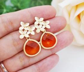 Everyday wear jewelry Wedding Jewelry Bridesmaid Jewelry Matte gold plated flower ear posts with Fire Opal Orange Glass Drops earrings