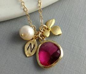 Leaf Initial Necklace, fuchsia glass Pendant, Monogram Necklace, Personalized Necklace, Pearl, Orchid flower, Pink, Bridesmaid Gift, Unique