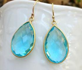 Blue Quartz Earrings, Bezel Gemstone Earrings, Gold Vermeil Frame, Christmas Gift, Birthday Gift, Bridesmaid Gift, Wedding Earrings, Dangle