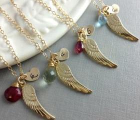 Set Of 4 Bridesmaid Gift, Birthstone Initial Necklace, Angel Wing Necklace, Wedding Jewelry, Unique Bridesmaid Gift, Christmas Gift Set