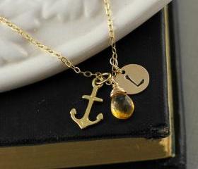 Personalized Anchor Necklace, Initial, Birthstone, Gold Anchor Necklace, Bridesmaid Gift, Birthday Gift, November Birthstone Citrine, Mother