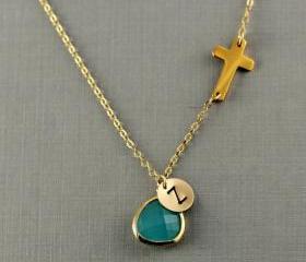 Personalized Sideways Cross Necklace, Initial Necklace, Gold Cross Initial Necklace, Christmas Gift, Bridesmaid Gift, Birthday Gift, Bezel