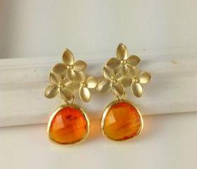 Orange Cherry Blossom Earrings, Carnelian Color, Gold Framed Earrings, Bridesmaid Gift, Christmas Gift, Mother In Law Gift, Auntie Gift