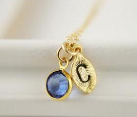 Monogram Necklace September Birthstone Sapphire Swarovski Crystal Bezel Leaf Initial Bridesmaids Gift Mothers Day Gift Idea Everyday Jewelry