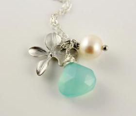Aqua Blue Chalcedony White Freshwater Pearl Orchid Necklace, Sterling Silver , Wire Wrapped Briolette, Wedding , Bridal, Bridesmaids Gift