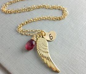 October Birthday Jewelry, Personalized Birthstone Gift, Tourmaline Necklace, Angel wing Necklace, Monogram Necklace, Pink Gemstone, Daughter