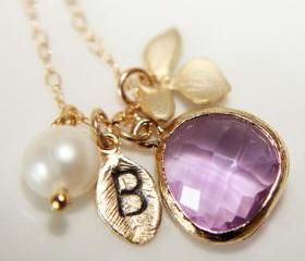 Customize Leaf Initial Orchid Necklace, Lilac Briolette, Freshwater Pearl, Monogram, Wedding, Personalized Gift, Bridesmaids, Valentines Day