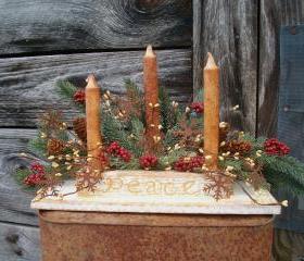 Wooden Candle Holder - Hand Cut from Pine - Distressed Antique White Over Mustard Yellow - Vanilla Sugar Candles