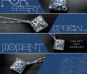 Silver necklace, filigree rhombus pendant, hollow rhombus silver pendant, blue crystal inside