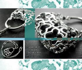 Silver necklace, filigree bag pendant, hollow 3d bag silver pendant, black crystal inside, bag pendant
