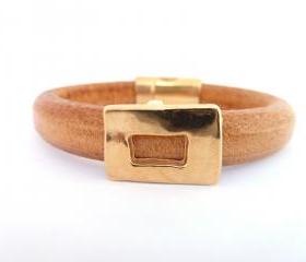 Thick Leather Bracelet in tan colour with gold plated rectancular charm