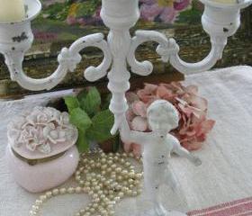 Vintage Candle Holder Cherub Putti Chippy Painted Bronze