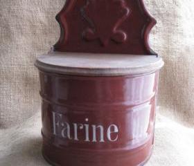 French Enamelware Farine Wall Mounted Canister Vintage Wine Color