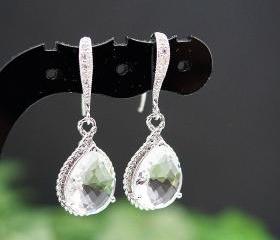 Wedding Jewelry Bridal Earrings Bridesmaid Earrings Cubic Zirconia Ear wires with Clear Glass rhodium Trimmed Pear Cut Earrings