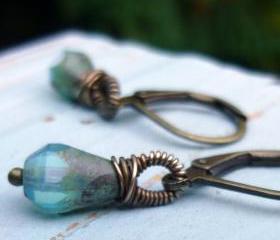 Wire Wrapped Sky Blue Czech Glass Earrings