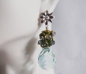 Sky Blue Quartz, Green keishi pearl, Iolite dangle Earrings