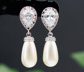 Wedding Jewelry Wedding Earrings Bridal Earrings Bridesmaid Earrings cubic zirconia ear posts with Cream Swarovski Pearl Tear Drop Earrings
