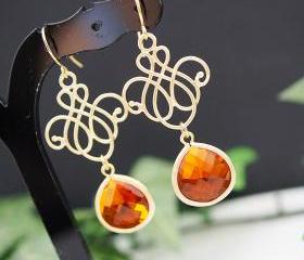 Everyday wear jewelry Wedding Jewelry Bridesmaid Jewelry Matte gold plated oriential charm with Fire Opal Orange Glass Drops earrings