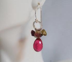  Gemstone earrings-Gorgeous Multi tourmaline - Hot Pink Quartz - Sterling Silver Earrings