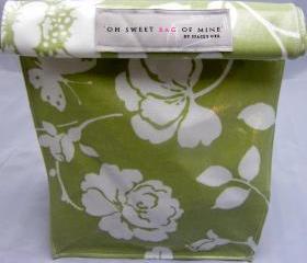 Oilcloth Lunch Bag - White Flowers On Mint Green