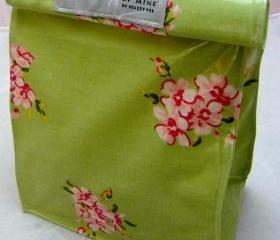 Oilcloth Lunch Bag - Pink Flowers On Mint Green 
