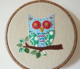 Hand stitched embroidery hoop owl wall hanging