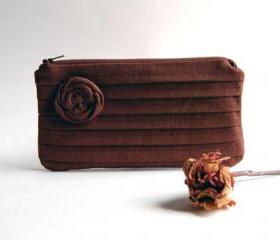 Chocolate Brown Bridal Wedding Clutch or Bridesmaid Clutch, Pouch, Purse - Romantic Rose pleats by Lolos