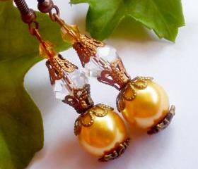 BUY 4 - GET 1 pair earrings FREE..Lovely bronze pearl crystal boho earrings- fall,winter colection