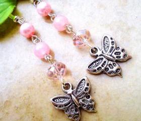 BUY 4 - GET 1 pair earrings FREE..Dangle crystal silver butterfly charm pink earrings- beautiful affordable gift