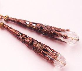 BUY 4 - GET 1 pair earrings FREE..Dangle antique copper cone filigree crystal drop vintage look earrings- affordable gift