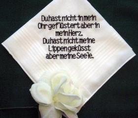 Personalized Wedding Gift Wedding Handkerchief 132B from Bride to Groom in German with free gift box.