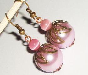 BUY 4 - GET 1 pair earrings FREE..Pink glass pearl filigree cat eye bead vintage look antique cute affordable earrings