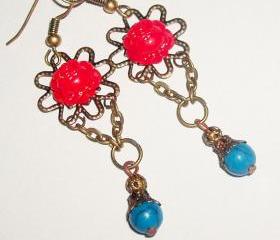 Cabochon flower rose red turquoise stone bead dangle chain antique vintage look boho filigree earrings