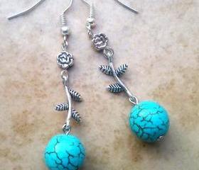 BUY 4 - GET 1 pair earrings FREE..Dangle silver -branch flower turquoise stone comfortable earrings