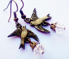 BUY 4-GET 1 pair earrings FREE..Bronze cute flying bird crystal earrings..casual vintage look..great gift