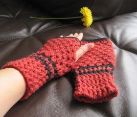 crocheted knitted fingerless mittens for women - -red/black (G2A)