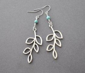 leaf silver earrings, everyday earrings, modern look, bridemaids earings, silver leaves earrings, turquoise earrings