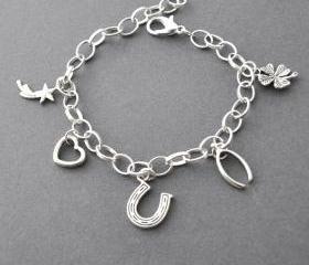 Lucky Charm Bracelet, Lucky Jewelry, Horseshoe, Four Leaf Clover,heart, wishbone, shooting star, Adjustable Charm Bracelet