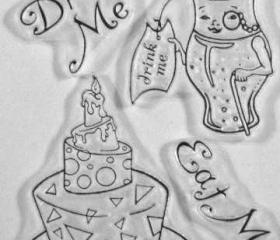 Alice in Wonderland Eat me and Drink me clear stamp set