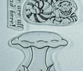 Alice in Wonderland Cheshire Cat clear stamp set includes a large mushroom