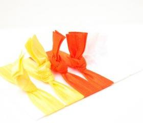 Halloween Hair Ties (6) - Candy Corn Fabric Hair Ties - Knotted Bracelet - Emi Jay Inspired Elastic Hair Bands - Orange, Yellow, White