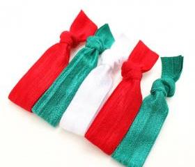 Christmas Elastic Hair Ties (5) - Emi Jay Inspired Fabric Hair Ties - Red & Green Hair Ties - Girls Elastic Ponytails - Stretchy Hair Bands 