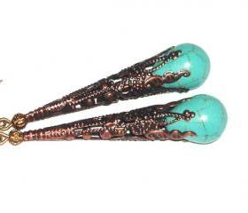 BUY 4 - GET 1 pair earrings FREE..Dangle antique copper cone turquoise stone vintage look earrings