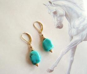 Genuine Sleeping Beauty Turquoise Nugget Solid 14kt Gold Pierced Earrings